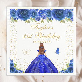 Blauw Bloemen Bruin Haar Prinses Verjaardagsfeest Servet