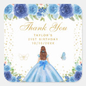 Blauw Bloemen Bruin Haar Prinses Verjaardagsfeest Vierkante Sticker (Voorkant)