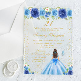 Blauw Bloemen Brunette Haar Prinses Verjaardagsfee Acryl Uitnodigingen