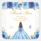 Blauw Bloemen Brunette Haar Prinses Verjaardagsfee Vierkante Sticker (Voorkant)