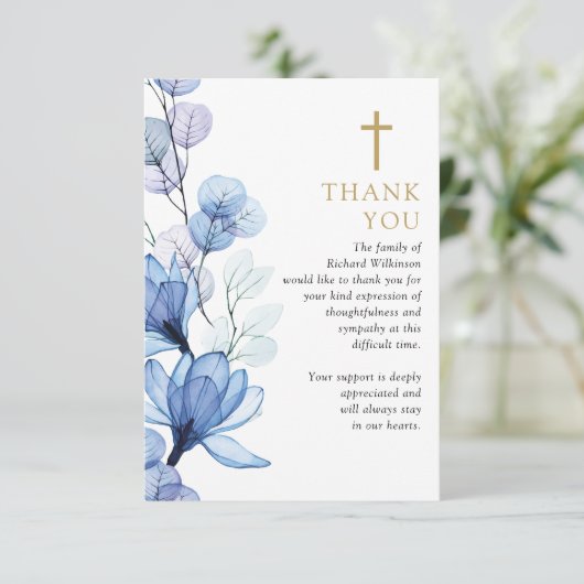 Blauw Bloemen Christelijk Viering van het Leven Fo Bedankkaart (Staand voorkant)