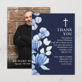 Blauw Bloemen Christelijk Viering van het Leven Fo Bedankkaart