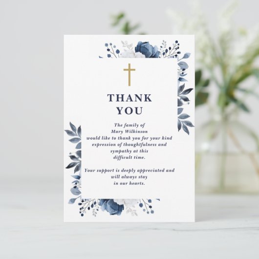 Blauw Bloemen Christelijke Viering van het Leven B Bedankkaart (Staand voorkant)