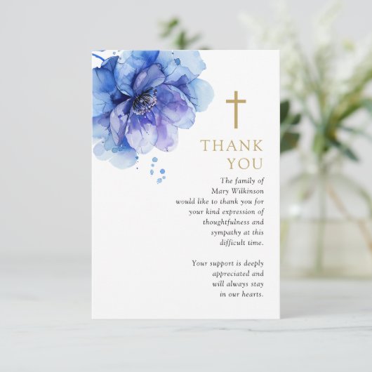 Blauw Bloemen Christelijke Viering van het Leven B Bedankkaart (Staand voorkant)