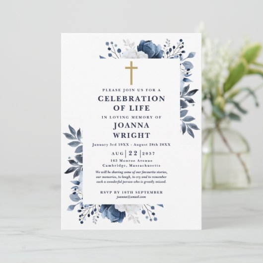 Blauw Bloemen Christelijke Viering van het Leven B Kaart (Staand voorkant)