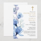 Blauw Bloemen Christelijke Viering van het Leven B Kaart (Voorkant / Achterkant)