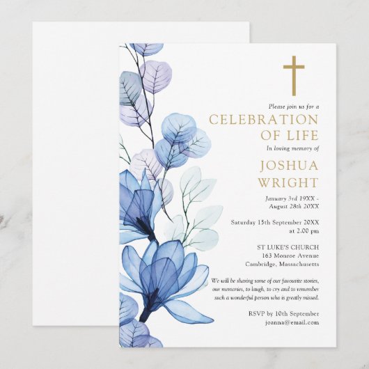 Blauw Bloemen Christelijke Viering van het Leven B Kaart (Voorkant / Achterkant)