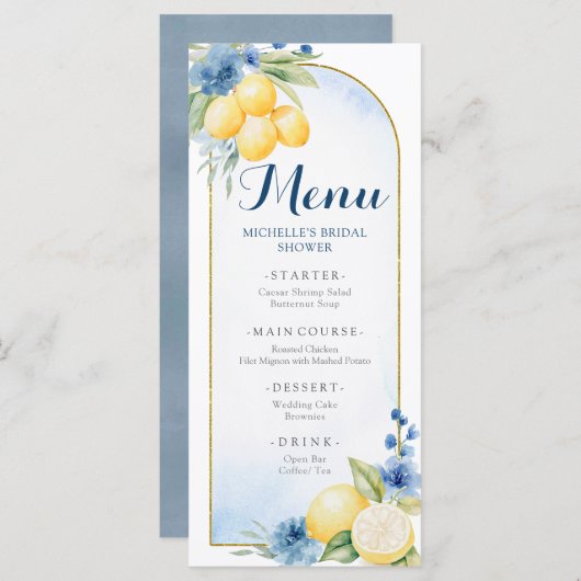 Blauw Bloemen Citroen Main Squeeze Baby shower Men Menu (Voorkant / Achterkant)