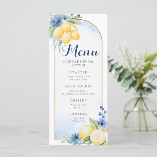 Blauw Bloemen Citroen Main Squeeze Baby shower Men Menu (Staand voorkant)