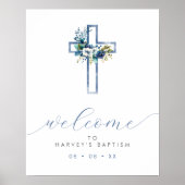 Blauw Bloemen Cross Modern Script Welkom Poster (Voorkant)