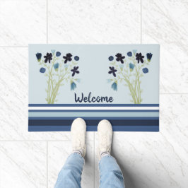 Blauw Bloemen Decoratief Deurmat