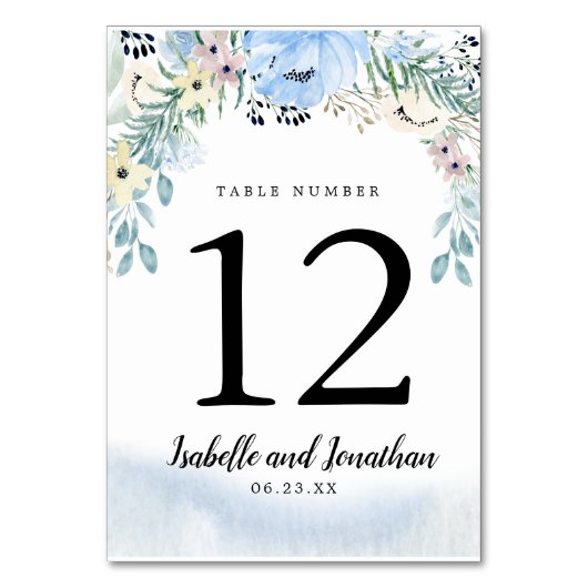 Blauw Bloemen DIY Trouwtafel Nummer Kaart (Achterkant)
