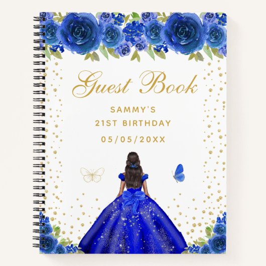Blauw Bloemen Donkere Huid Prinses Gastenboek Notitieboek (Voorkant)