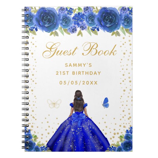 Blauw Bloemen Donkere Huid Prinses Gastenboek Notitieboek (Voorkant)