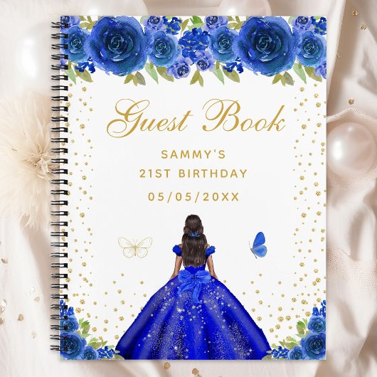 Blauw Bloemen Donkere Huid Prinses Gastenboek Notitieboek