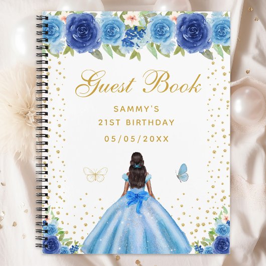 Blauw Bloemen Donkere Huid Prinses Gastenboek Notitieboek