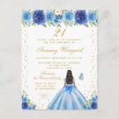 Blauw Bloemen Donkere Huid Prinses Verjaardagsfees Briefkaart (Voorkant)