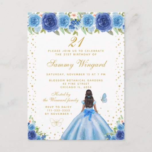 Blauw Bloemen Donkere Huid Prinses Verjaardagsfees Briefkaart (Voorkant)