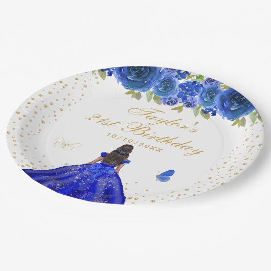Blauw Bloemen Donkere Huid Prinses Verjaardagsfees Papieren Bordje (Gekanteld)