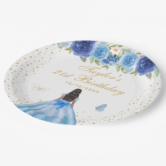Blauw Bloemen Donkere Huid Prinses Verjaardagsfees Papieren Bordje (Gekanteld)