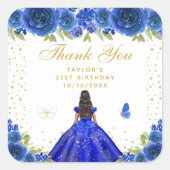 Blauw Bloemen Donkere Huid Prinses Verjaardagsfees Vierkante Sticker (Voorkant)
