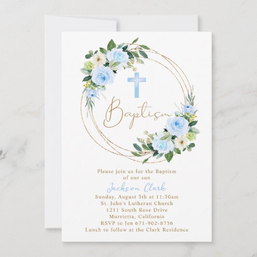 Blauw Bloemen Doop Goud Lijst Kaart (Voorkant)