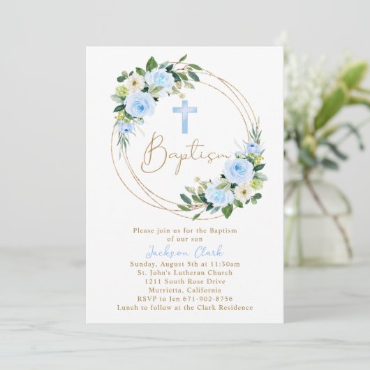 Blauw Bloemen Doop Goud Lijst Kaart (Staand voorkant)