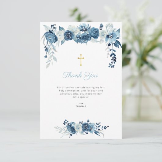 Blauw Bloemen Eerste Communie Dank u kaart (Staand voorkant)