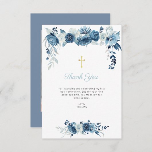Blauw Bloemen Eerste Communie Dank u kaart (Voorkant / Achterkant)