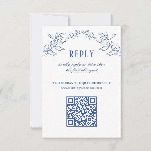 Blauw Bloemen Elegant QR Code Bruiloft antwoord (Voorkant)