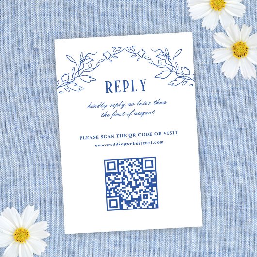 Blauw Bloemen Elegant QR Code Bruiloft antwoord