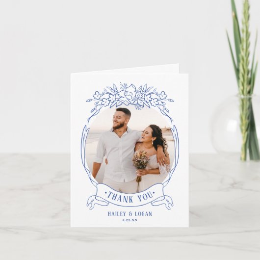  Blauw Bloemen Elegante Bruiloft Foto Bedankkaart (Voorkant)