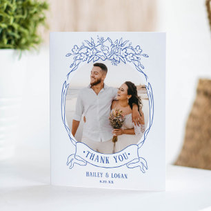  Blauw Bloemen Elegante Bruiloft Foto Bedankkaart