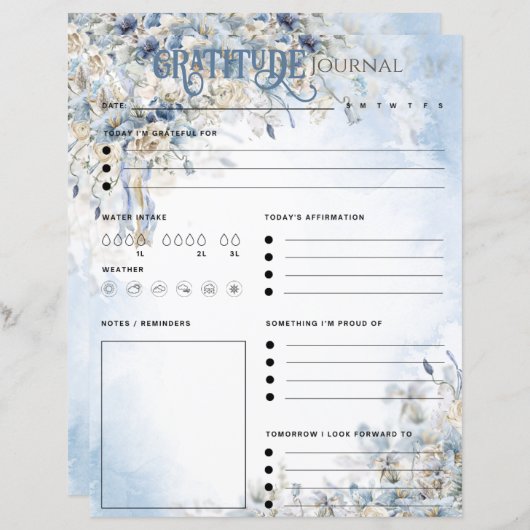 Blauw Bloemen Elegante Dankbaarheid Tijdschrift Pa (Voorkant / Achterkant)