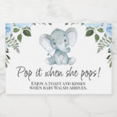 Blauw Bloemen Elephant Baby shower Pop het spranke Sparkling Wijnetiket (Enkel label)