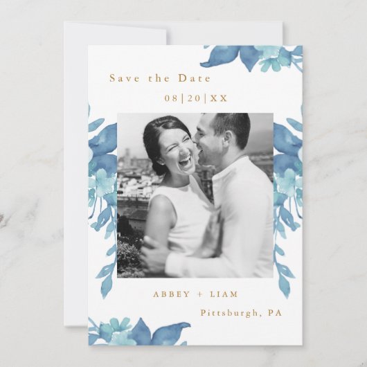  Blauw Bloemen en Bladerwerk Foto Bruiloft Save The Date (Voorkant)