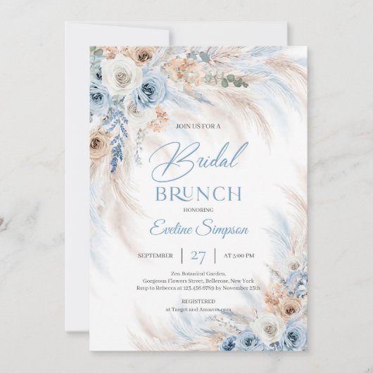 Blauw Bloemen en Ivoor Rozen Pampas Bridal brunch Kaart (Voorkant)