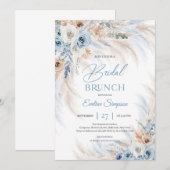 Blauw Bloemen en Ivoor Rozen Pampas Bridal brunch Kaart (Voorkant / Achterkant)