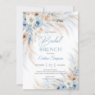 Blauw Bloemen en Ivoor Rozen Pampas Bridal brunch Kaart