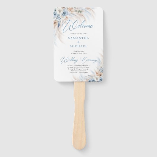 Blauw Bloemen en Ivoor Rozen Pampas Grass bruiloft Handwaaier (Voorkant)