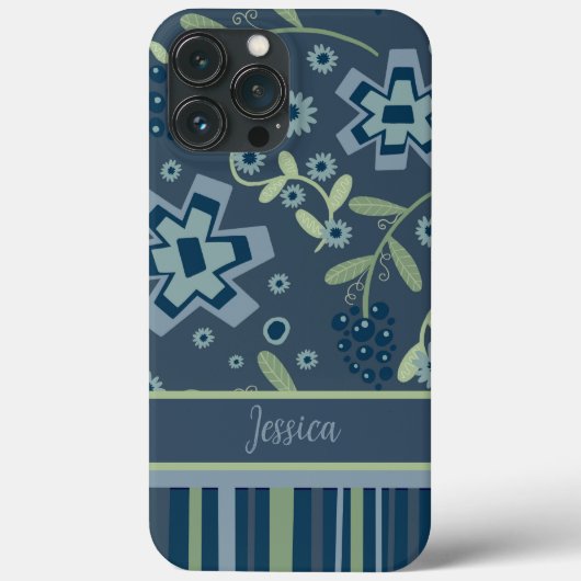 Blauw Bloemen en Streep Custom Inspirivity Case-Mate iPhone Case (Achterkant)