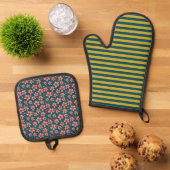 Blauw Bloemen en Streep Ovenwant & Pannenlap Set (Top down)