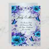 Blauw Bloemen en Vlinder Bruiloft Menu Kaart (Voorkant / Achterkant)