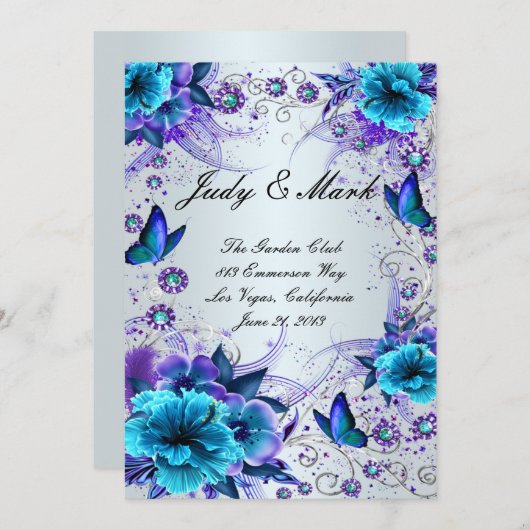 Blauw Bloemen en Vlinder Bruiloft Menu Kaart (Voorkant / Achterkant)