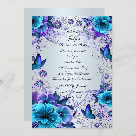 Blauw Bloemen en vlinder vrijgezellenfeest Kaart (Voorkant / Achterkant)