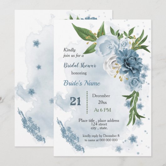 blauw bloemen en vrijgezellenfeest met groene blad kaart (Voorkant / Achterkant)