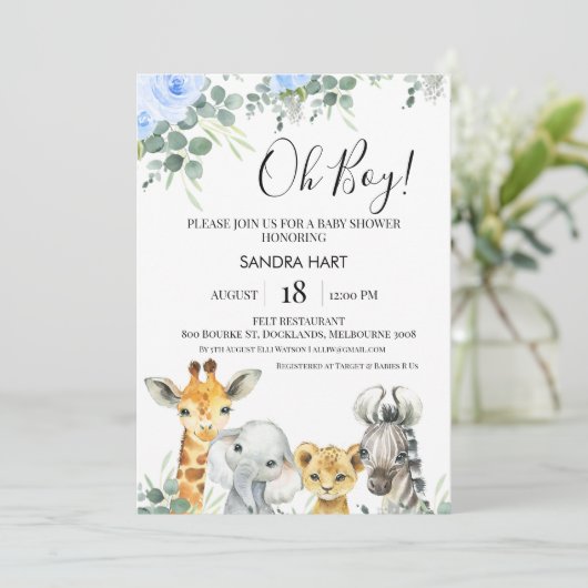 Blauw Bloemen Eucalyptus Safari Heads Baby shower Kaart (Staand voorkant)