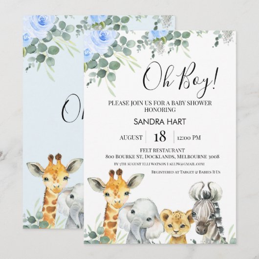 Blauw Bloemen Eucalyptus Safari Heads Baby shower Kaart (Voorkant / Achterkant)