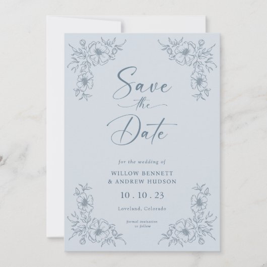Blauw Bloemen Foto Save the Date (Voorkant)