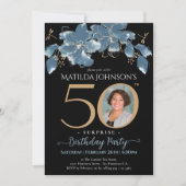 Blauw Bloemen Foto Verrassing 50ste Verjaardagsfee Kaart (Voorkant)